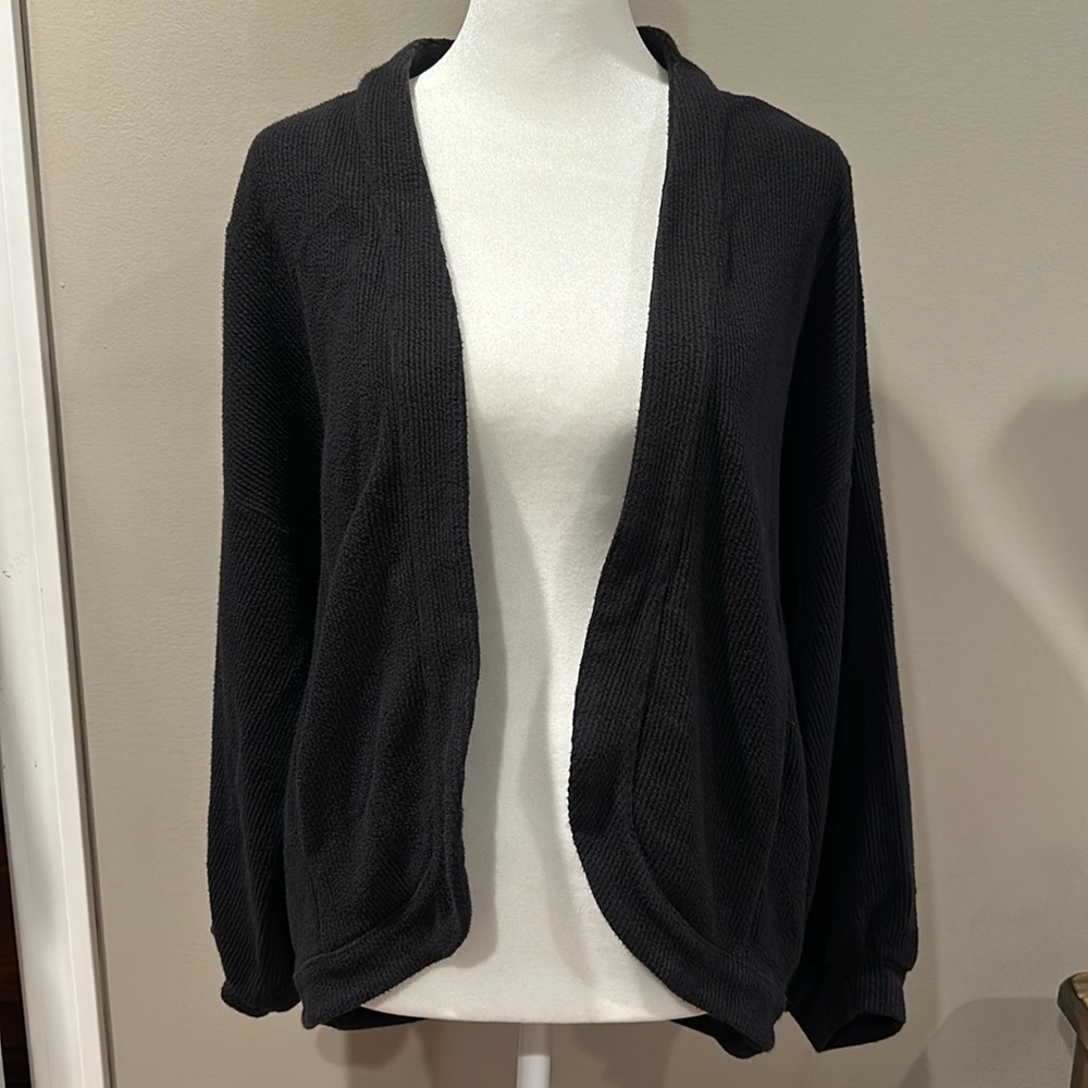 Amour Vert Organic Cotton Black Open Front Cardigan with Pockets